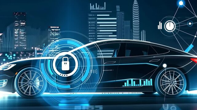 A digitally augmented car is showcased in an urban setting, accentuated by geometric patterns, charts, and a prominent lock icon, symbolizing data protection and advanced technological integration.