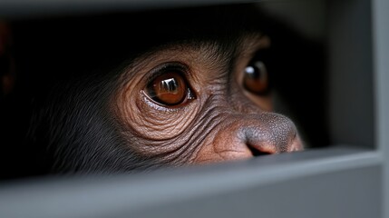 Captive chimpanzee, looking through bars