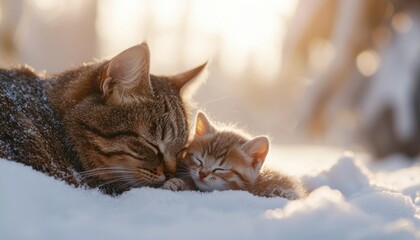 Naklejka premium Mother cat and kitten in snowy forest