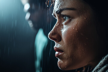 a sad woman's face with a blurred figure of a man behind