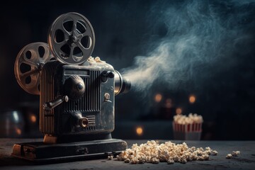 Vintage movie projector with popcorn and film reel on dark background for movie night themes