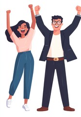 Obraz premium two happy people, a woman cheering with raised hands and a man standing with thumbs up 
