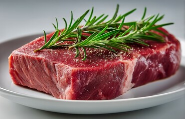 Fototapeta premium Fresh Cut of Beef With Rosemary Garnishing on a White Plate Ready for Cooking