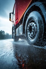 Raindrops on the road splashing upwards around truck wheels