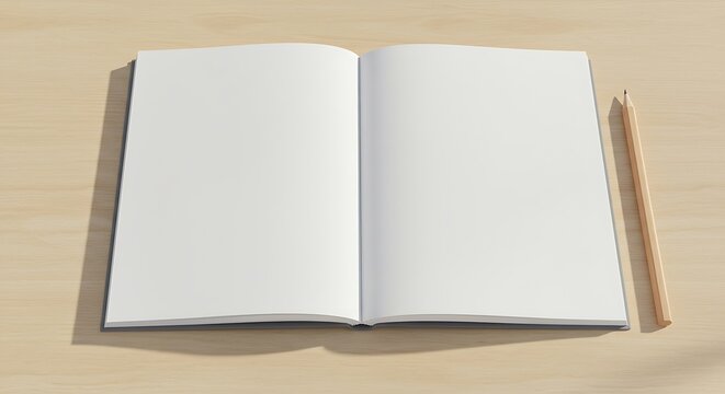 An open notebook with blank pages, a pencil next to it, on a light wood table with natural light