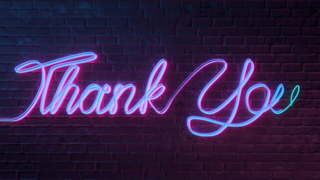 Glowing neon "Thank You" writes in cursive script against a dark brick wall. 4K animation with vibrant pink and blue light.  A chroma key is included.