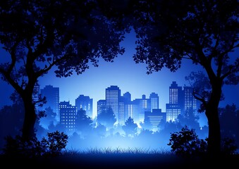 Fototapeta premium Cityscape at Night, Trees, Silhouette