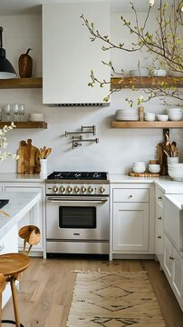 Bright kitchen with white cabinets, wood shelves, and a light-colored rug