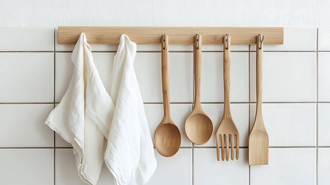 Kitchen towel rack with bamboo kitchen utensils, white wall