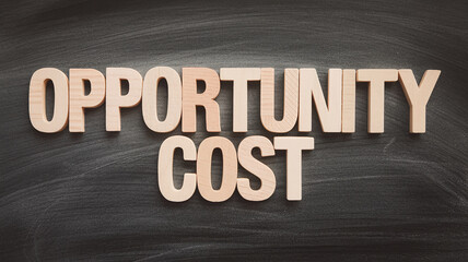 Wooden letters spelling "Opportunity Cost" on dark gray chalkboard background, illustrating economic concept of trade-offs and decision-making