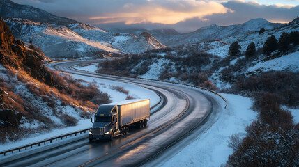 Reefer truck driving down a winding mountain road at dawn using a medium focal length shallow depth of field and cool color temperature to emphasize the curves and morning light