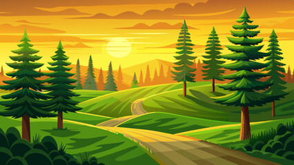 Amazing road through a green field landscape scene at sunset time, yellow summer vector nature illustration