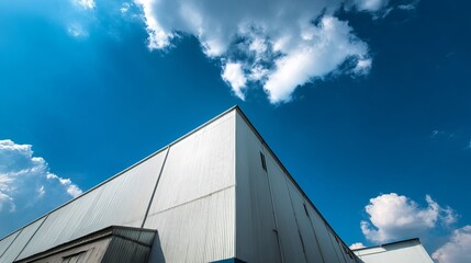 Warehouse exterior captured under clear blue sky Logistics industry background view
