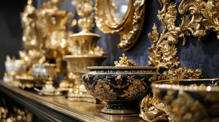 Obraz premium Gold-accented decorative objects arranged on a dark surface.