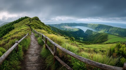 Breathtaking sunrise over hiking path to lush green mountain and serene lake in the azores