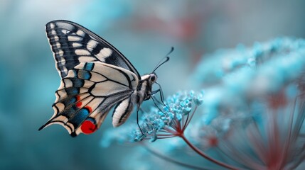 Obraz premium Elegant swallowtail butterfly on turquoise dill flower amidst soft foggy blooms in garden setting
