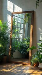 Fototapeta premium Mirror Reflecting Plants in Bright Room, Natural Light, Wooden Frame, Indoor Garden Aesthetic, Greenery and Reflection.