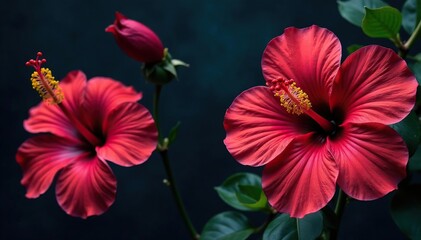 Bold hibiscus flowers, dark background, stylized print , motif, white