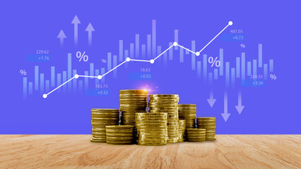 Fund investment concept, Interest rate, percentage and arrow investment on coin instead of return...
