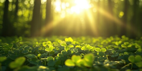 Obraz premium Sunlight filters through forest foliage onto vibrant clover.