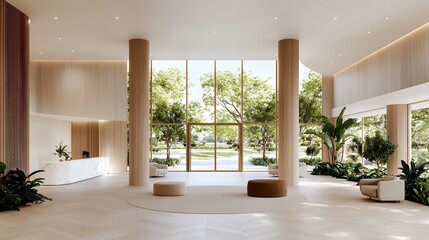 Fototapeta premium Contemporary interior design featuring a view of lush greenery