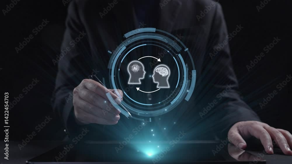 Poster human interact with ai artificial intelligence brain processor in concept of ai artificial intellige