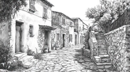 Pencil sketch of a narrow village street, stone buildings and plants, likely for use in architecture or design publications