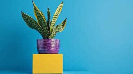 Stylish snake plant in purple pot on yellow cube minimalist home decor blue room green style clean