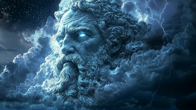 Majestic head of Greek god Zeus emerges from swirling clouds during a dramatic stormy night