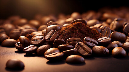 Coffee beans and ground coffee close up