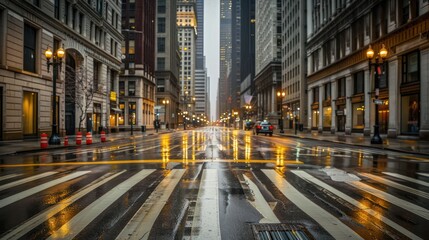 Urban street scene, rainy evening in a bustling city center.