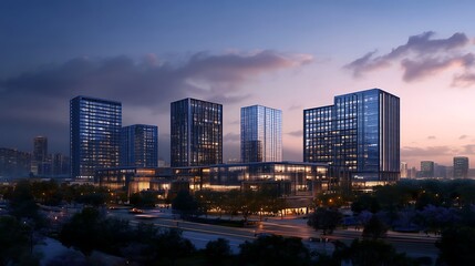 Naklejka premium Skyline views mirrored in tall glass tower high resolution picture