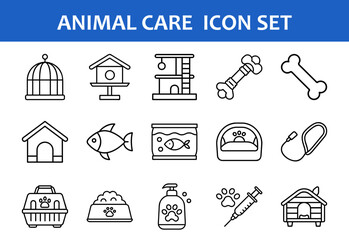 Animal care icons set pet supplies vector illustration pet care products and accessories outline style