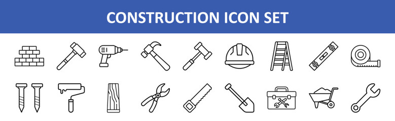 Construction tools icon set vector, hammer, drill, saw, wrench, toolbox, shovel, and other tools