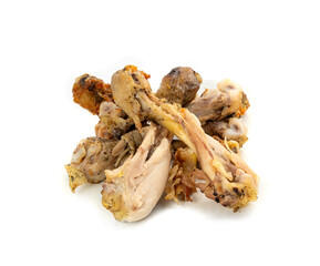 Chicken Leftovers, Unfinished Grilled Chicken on Dirty Plate Isolated, Meat Pieces and Bones after Dinner