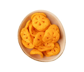 Corn puff snack isolated, crunchy cereal nosh, crispy yellow rice breakfast with paprika