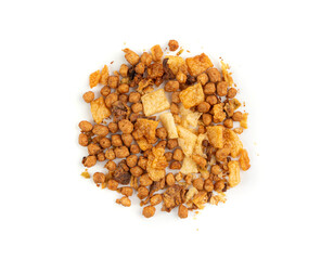 Dried vegetables mix with carrots, onion, parsnip and soy meat isolated. Dry food pieces for instant noodles