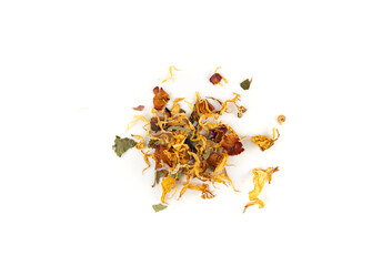Dried edible flowers mix, Helichrysum arenarium, dwarf everlast, medical herb tea pile isolated