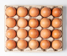 Egg Tray Isolated, Twenty Brown Eggs Pack, Fresh Organic Egg in Container