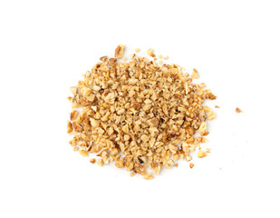 Grated wallnut , broken roasted walnuts, heap of nuts crumbs, whole kernel pieces, fractions