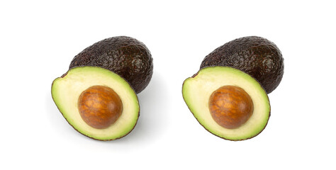 Hass Avocado Half Isolated, Whole Sharwil Set, Brown Avocados Cut, Fresh Alligator Pear, Persea Americana