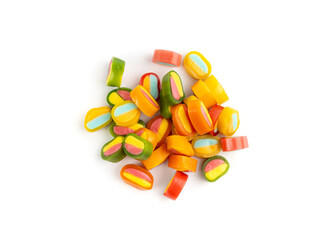 Round gummy candy piles set isolated. Small chewing colorful jellybeans, marmalade cuts, pills