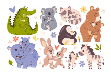 Fototapeta premium Mothers day hand drawn set with cute animals hugging, mom and baby cuddling together with love