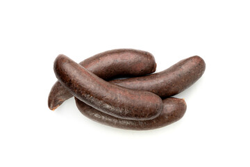 Black pudding isolated, blood sausage kaszanka, traditional Polish terrine, brawn sausages on white