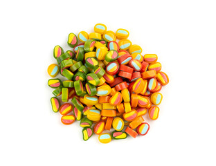 Round gummy candy piles set isolated. Small chewing colorful jellybeans, marmalade cuts, pills
