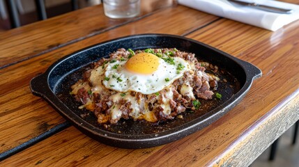Sizzling Pork Sisig with Raw Egg on Wooden Table
