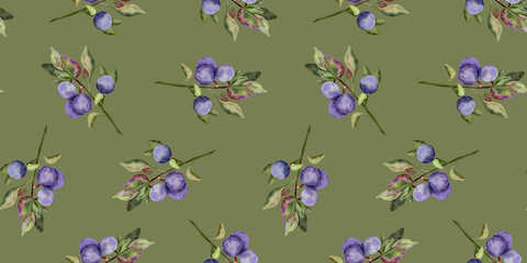 Seamless pattern with watercolor branches of blueberries, a delicate ornament of berries. For fabric, textile design, digital paper. Green olive background