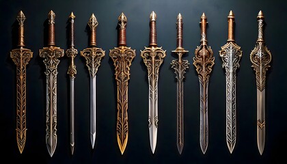 Elegant handcrafted swords with luxurious golden details and fantasy-inspired craftsmanship