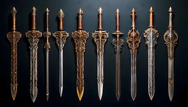 Elegant handcrafted swords with luxurious golden details and fantasy-inspired craftsmanship