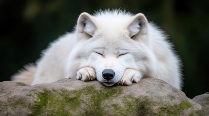 Arctic Wolf on Rock, Peaceful Nature Style, High-Detail Sharp Focus, Horizontal Close-Up Shot, Soft Fur Texture, Resting Serene, Dark Forest Background, Pure White Tones, Ideal for Wildlife Calendars